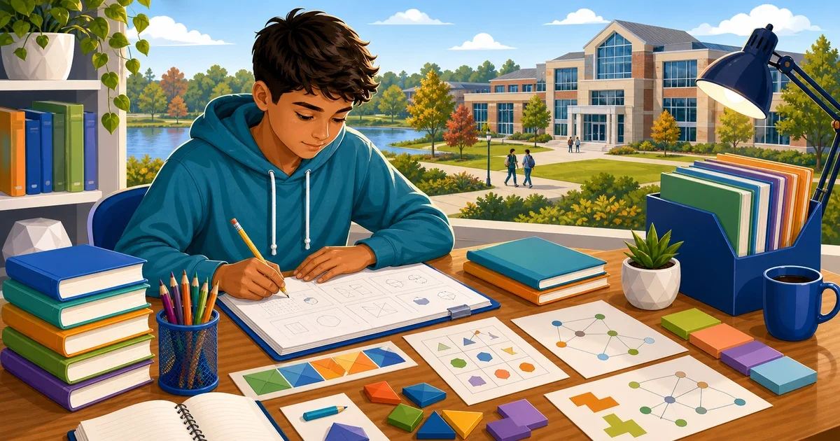 Flat illustration of an 8th grade student studying at a desk with a practice test booklet, pencils, and a Michigan pennant in the background, bright and professional colors