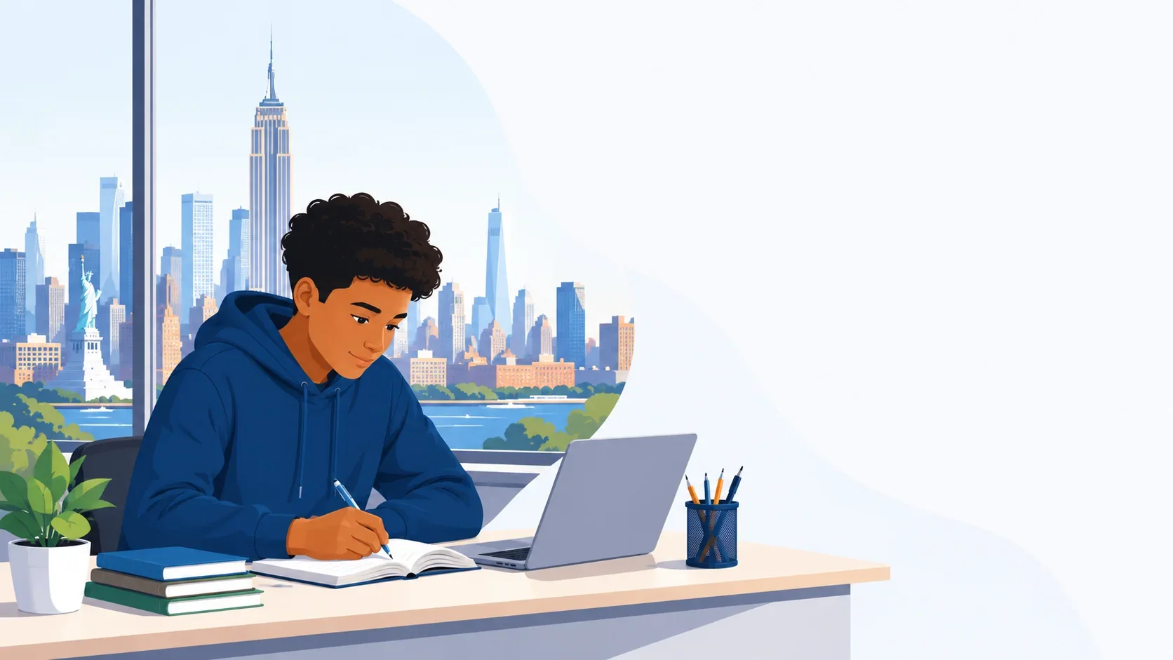 Middle school student taking the computer-adaptive SHSAT 2026 on a laptop in a modern NYC classroom