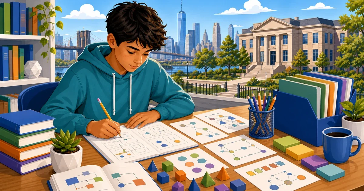 Flat illustration of a student at a computer taking a digital standardized test, with Brooklyn Bridge and NYC skyline in the background in bright professional colors
