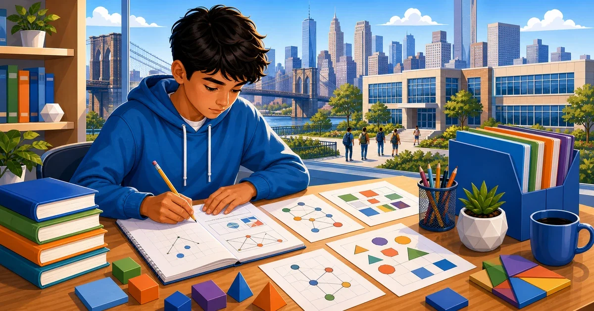 Flat illustration of a middle school student solving multi-step math problems on a tablet, with Brooklyn Bridge and a STEM lab setting in the background
