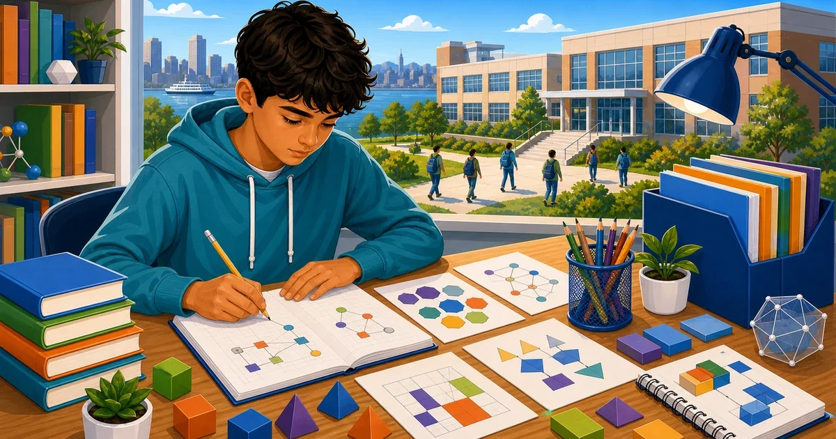 Flat illustration of a student working through a multi-step math problem on a digital screen, with STEM icons and a New York City skyline in the background