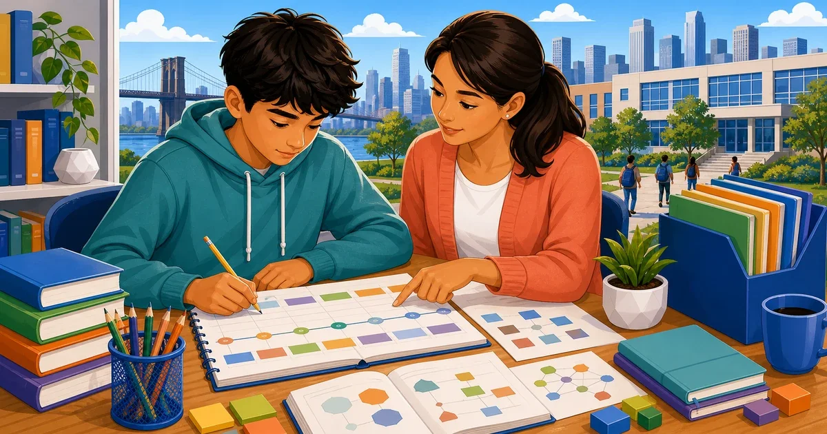 A focused middle school student studying at a desk with NYC skyline in the background, flat illustration style