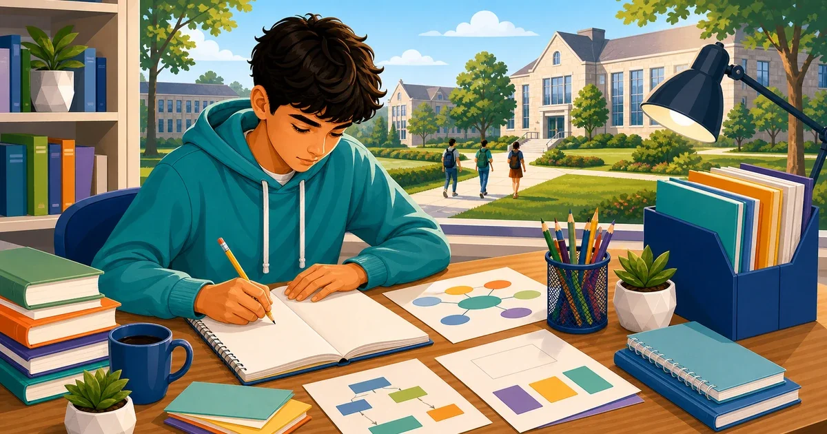 Flat illustration of an 8th grade student writing a timed essay at a desk with a pencil and answer sheet, representing HSPT and writing prompt preparation for St. Ignatius College Preparatory admissions