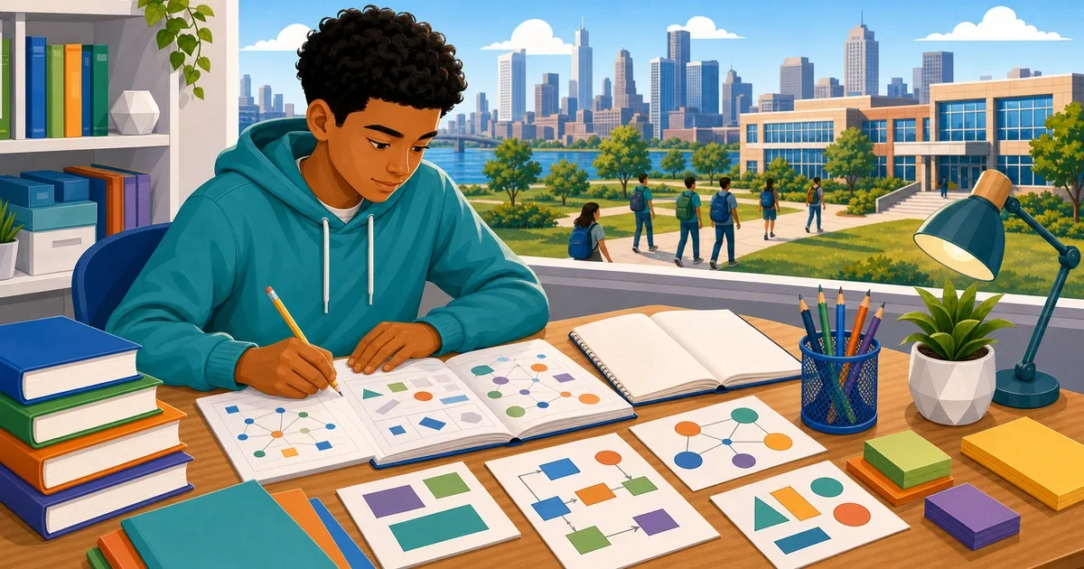 Flat illustration of a Detroit 8th grader studying at a desk with science and math materials, representing Southeastern High School HSPT preparation