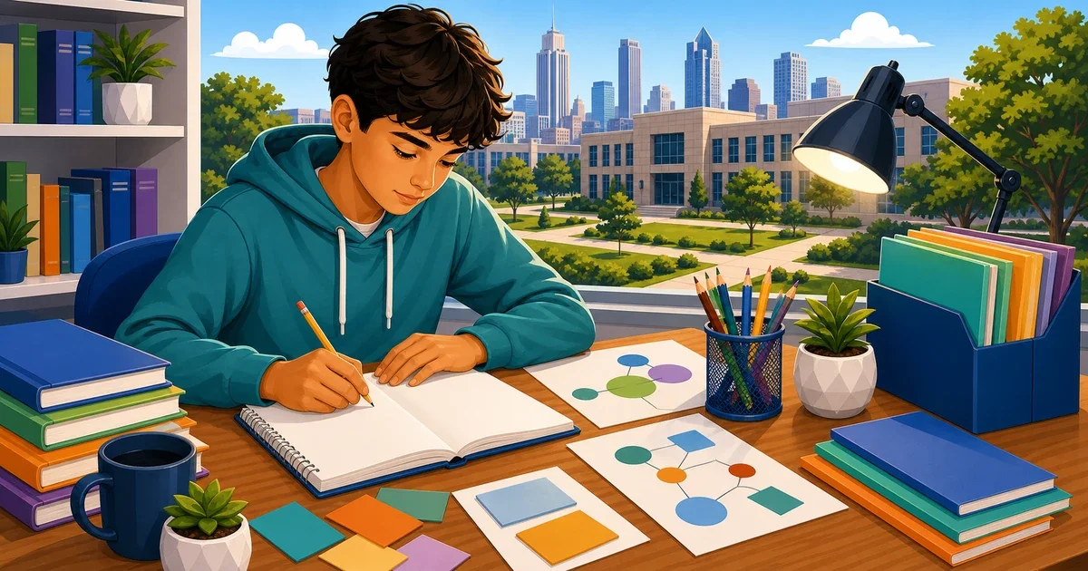 Flat illustration of a middle school boy writing at a desk with math and science symbols on a chalkboard behind him, representing St. Mark's School of Texas ISEE and admissions essay preparation
