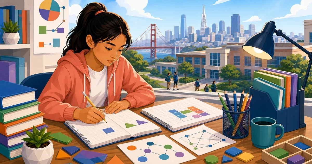 Flat illustration of an 8th-grade student at a computer taking an adaptive math test, with a San Francisco skyline in the background and geometric math symbols around the screen