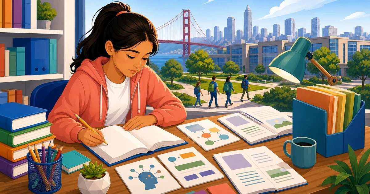 Flat illustration of a middle school student sitting at a computer taking an adaptive reading test, with San Francisco skyline in the background