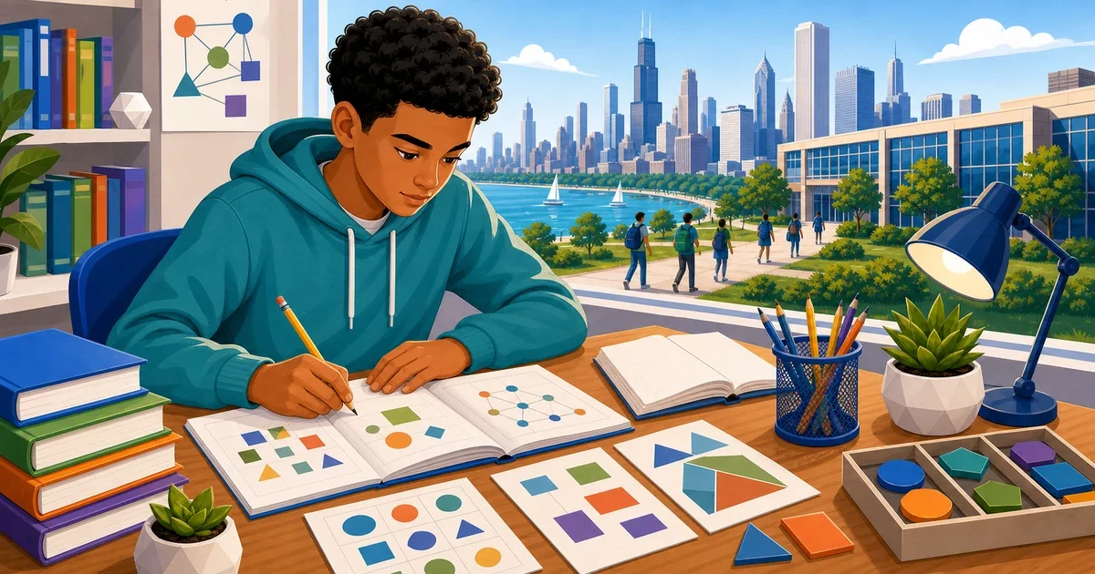 Flat illustration of a student working through math problems on a computer screen with Chicago skyline elements in the background