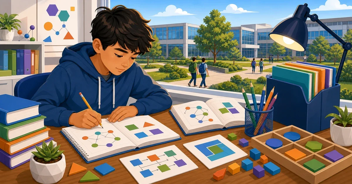 Flat illustration of a student solving spatial reasoning and algebra problems on a desk with science and technology icons representing the Academies of Loudoun STEM entrance exam