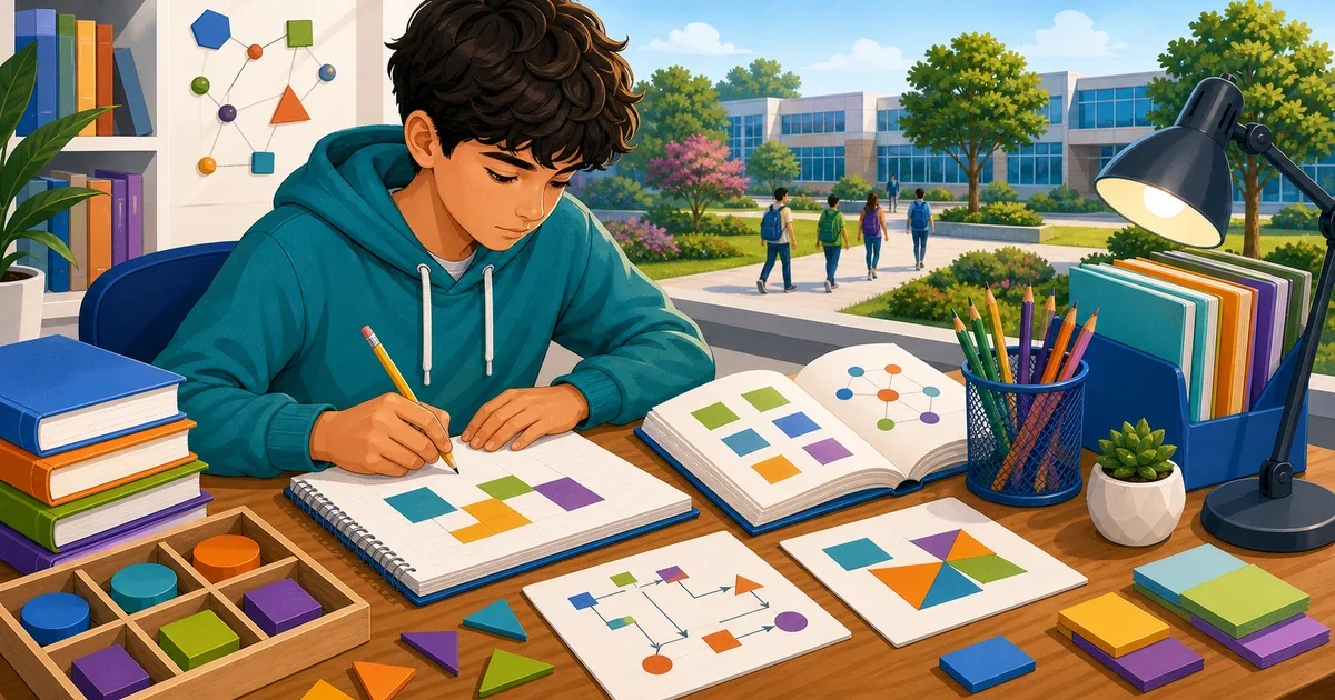 Flat illustration of a student solving abstract visual pattern puzzles on a laptop at a desk, representing TACHS Ability section STEM reasoning practice