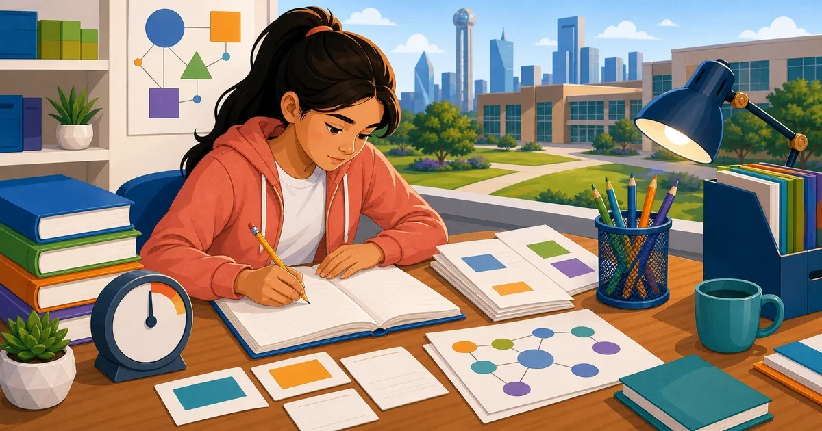 Flat illustration of an 8th-grade student writing at a desk with a stopwatch and open notebook, representing timed essay practice for TAG Dallas magnet school admissions