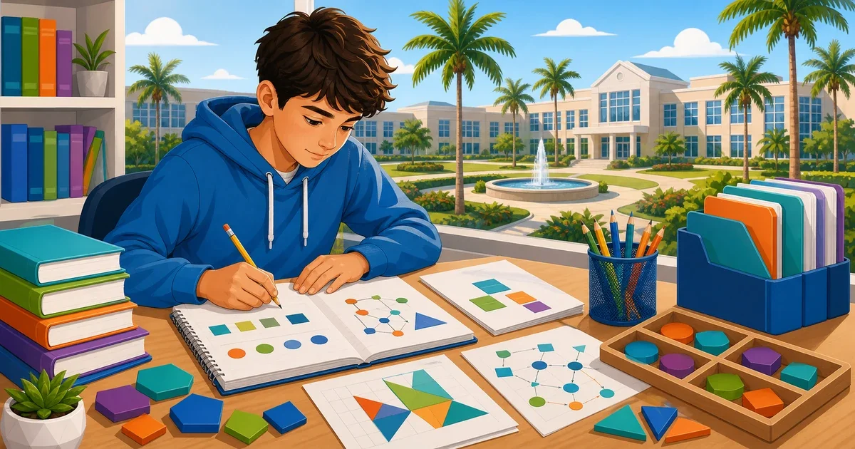 Flat illustration of an 8th-grade student studying math and pattern problems at a desk, with Tampa Bay skyline details in the background, bright blue and gold color palette