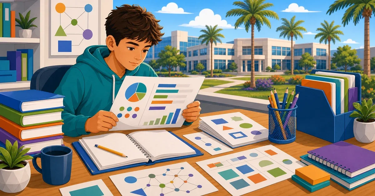 Flat illustration of a middle school student studying at a desk with math and writing icons, representing SSAT prep for Tampa Preparatory School admissions
