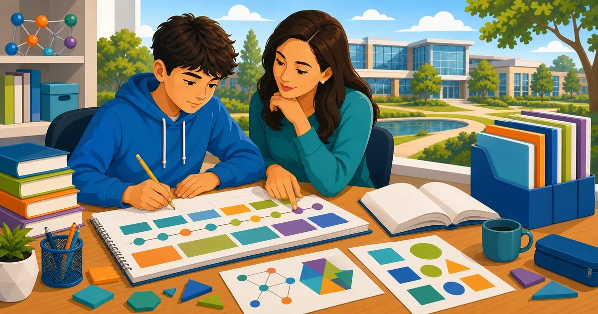 Flat illustration of a middle school student studying STEM materials at a desk with math and science icons, representing early TJHSST preparation