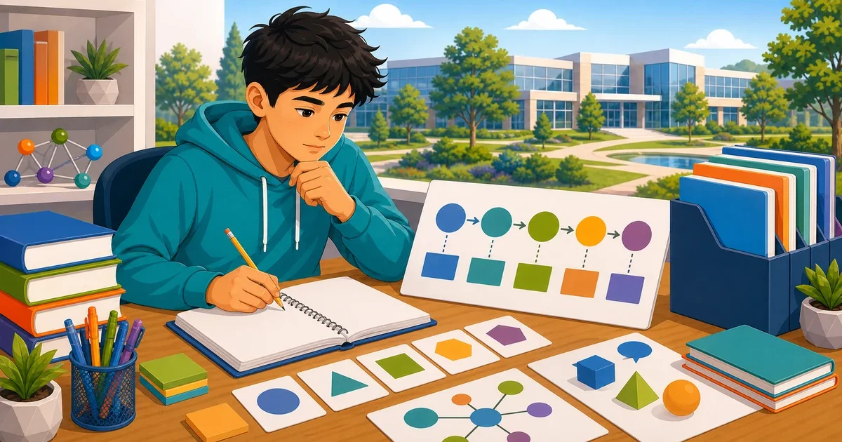 Flat illustration of an 8th grade student writing a problem-solving essay on a laptop with STEM symbols and a pencil nearby, bright professional colors