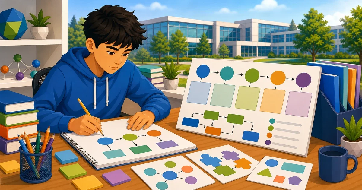 Flat illustration of a student typing a science essay on a laptop at a desk with math and biology icons in the background, representing TJHSST Problem-Solving Essay preparation