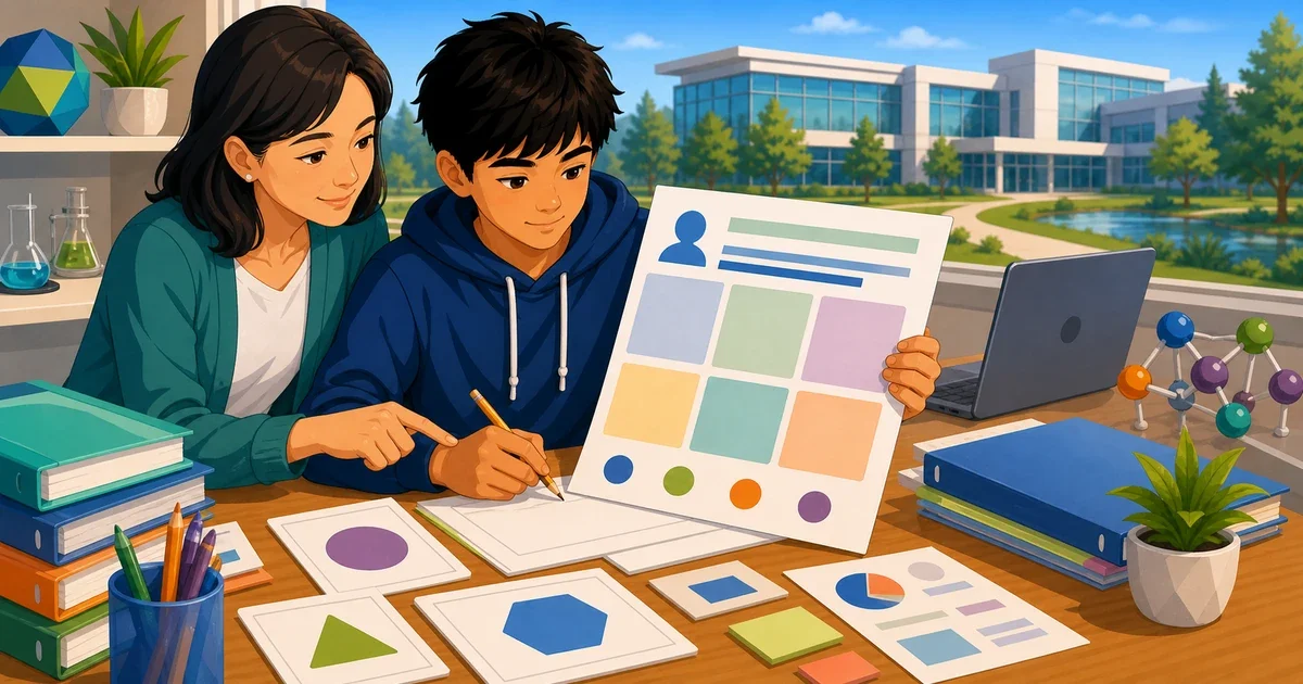 Flat illustration of a middle school student writing at a desk with STEM and essay icons surrounding them, representing TJHSST admissions preparation