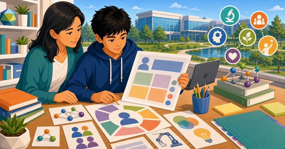 Flat illustration of an eighth-grade student typing a timed essay on a laptop with STEM symbols and a Portrait of a Graduate framework checklist in the background