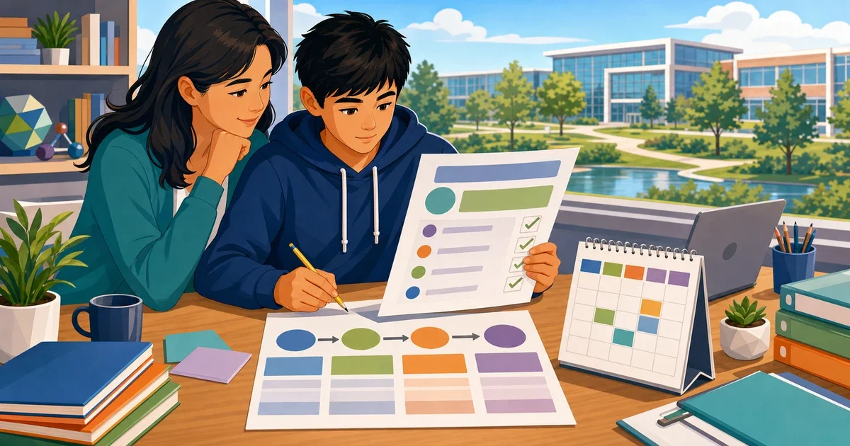 Flat illustration of a student reviewing a letter at a desk with STEM books and a laptop, representing TJHSST waitpool and reapplication planning