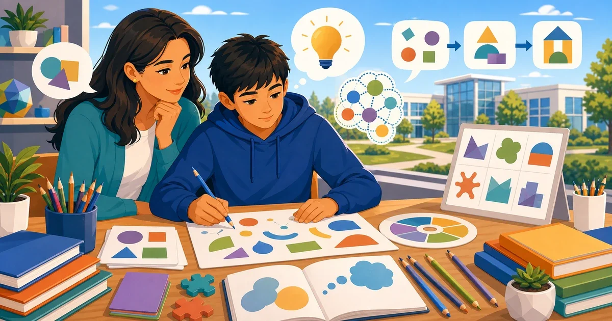 Flat illustration of a student drawing creative shapes and writing ideas on a worksheet, representing how to prepare for the Torrance Test of Creative Thinking for gifted admissions at Kennedy High School