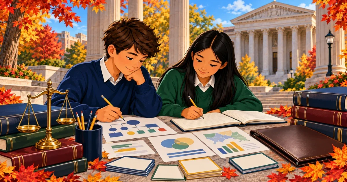 Flat illustration of an 8th-grade student studying at a desk with legal and civic-themed books and documents, preparing for the Towson High School Law and Public Policy magnet admissions assessment