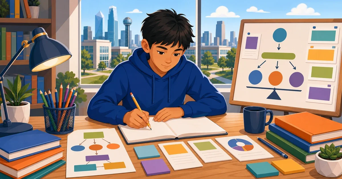 A young student typing an argumentative essay on a laptop at a school desk, with abstract geometric shapes in the background representing nonverbal reasoning