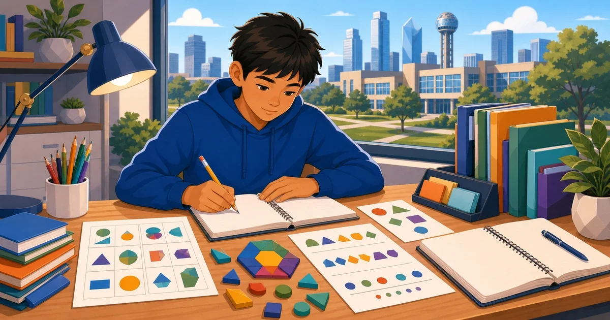 Student completing a computer-based Travis TAG admissions test with geometric reasoning patterns and a typed argumentative essay visible on screen
