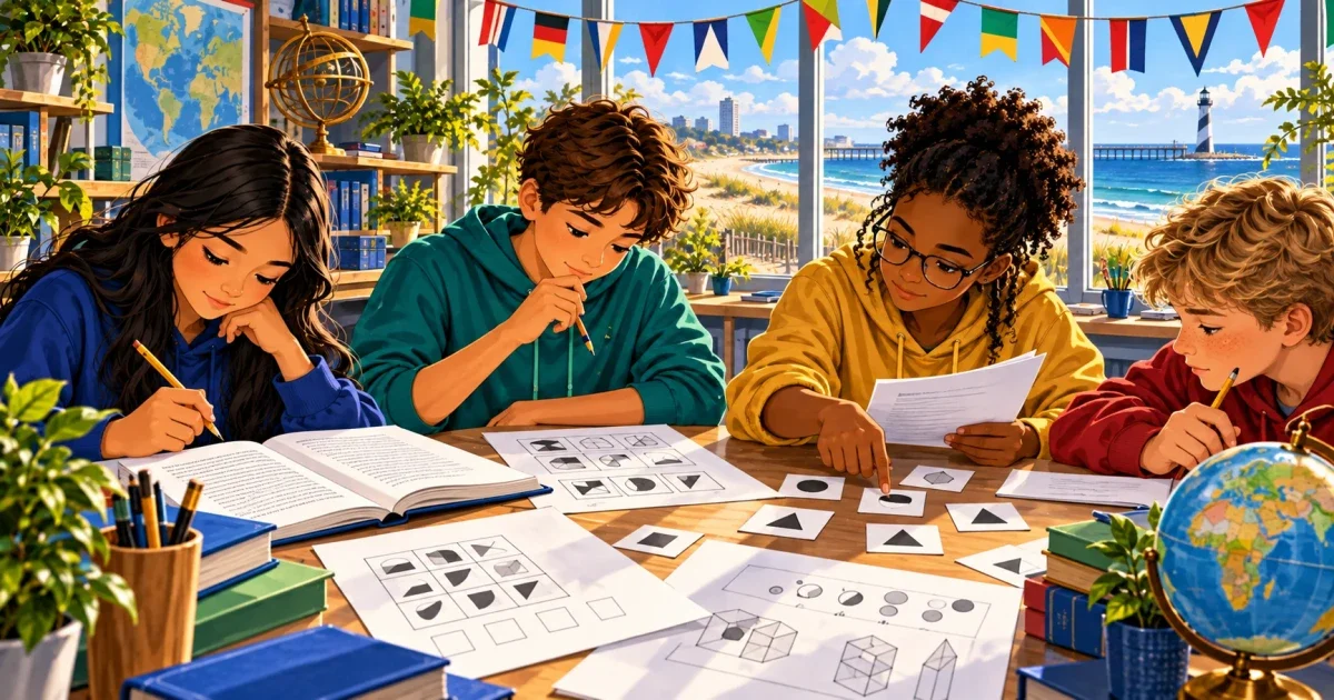 Flat illustration of a student studying analytical reasoning problems at a desk, with an IB-style globe emblem and Virginia Beach skyline in the background
