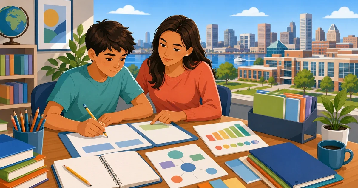 Flat illustration of a young female student studying math and reading materials with a Baltimore cityscape in the background