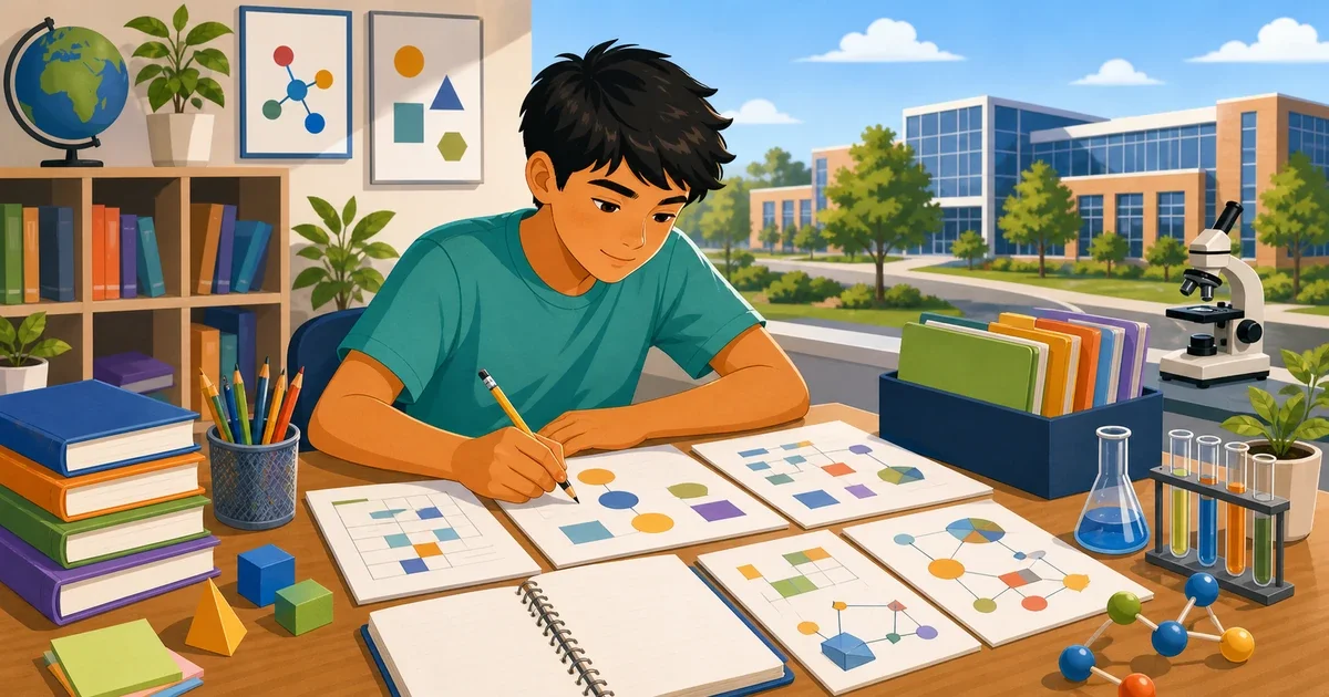 Flat illustration of an 8th-grade student studying at a desk with science and math symbols representing the Westlake Magnet entrance exam