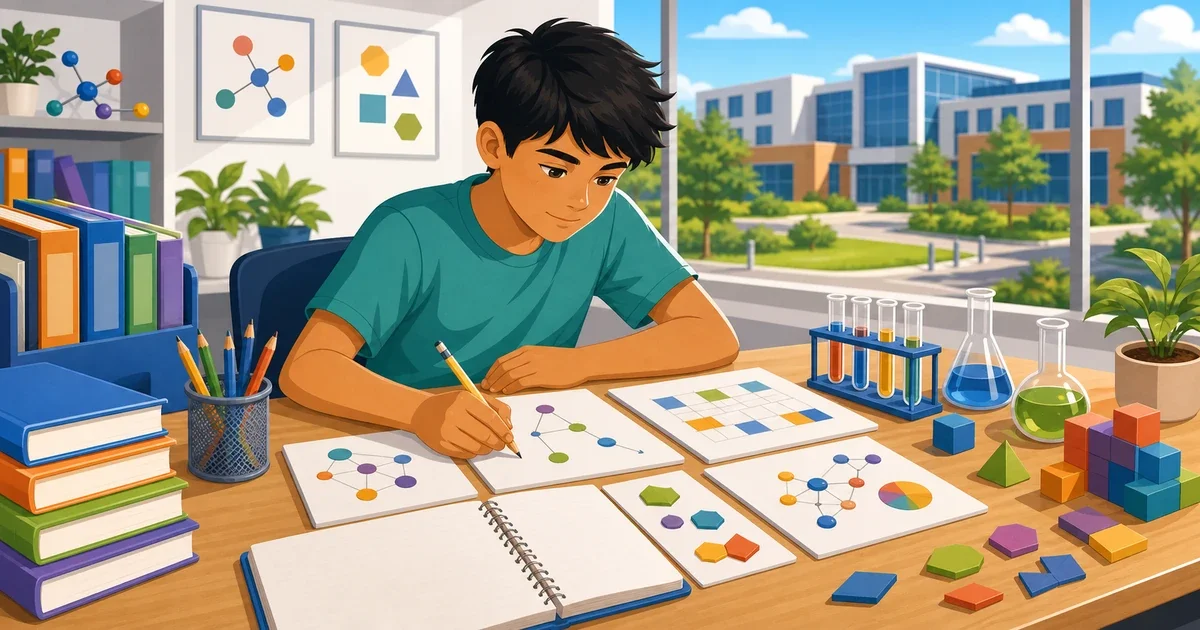 Flat illustration of an 8th-grade student studying science and math diagrams at a desk, with Atlanta city buildings in the background, in bright professional blue and green tones
