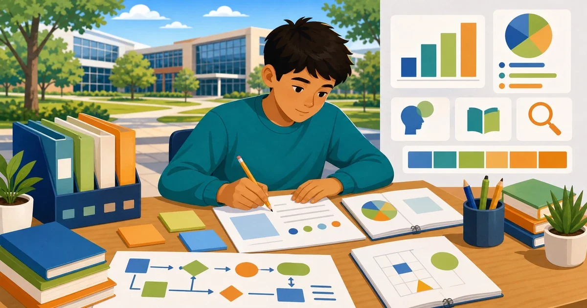 A flat illustration of a student studying STEM concepts at a desk with a laptop showing a digital test, set against a bright teal and white background representing Wheeler Magnet's science and math focus