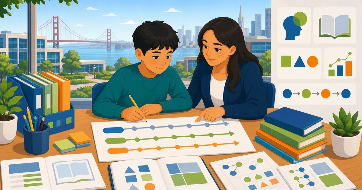 Flat illustration of a middle school student studying at a desk with math and reading icons, representing early Lowell High School test preparation